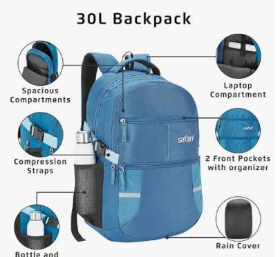 Safari Omega spacious/large laptop backpack with Raincover, college bag, travel bag for men and women, Teal, 30 Litre 0